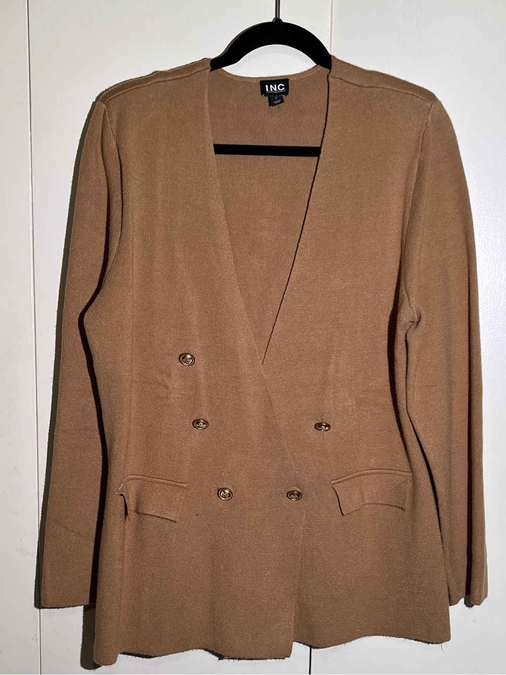 INC International Concepts Double-Breasted Camel Knit Blazer